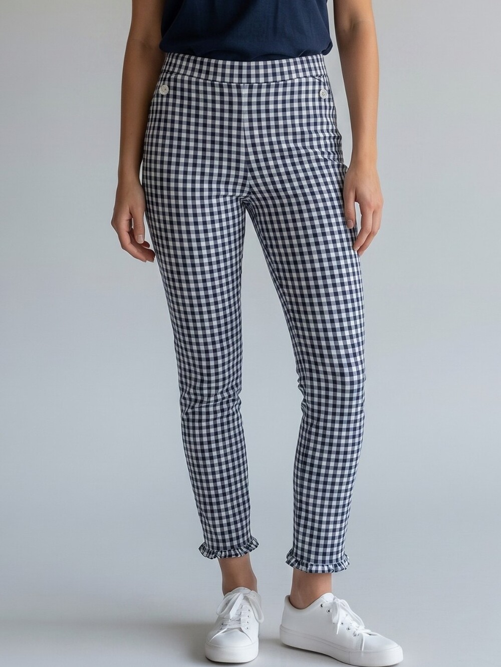 Rafaella Navy & White Gingham Women’s Ruffle Ankle Pants 4p